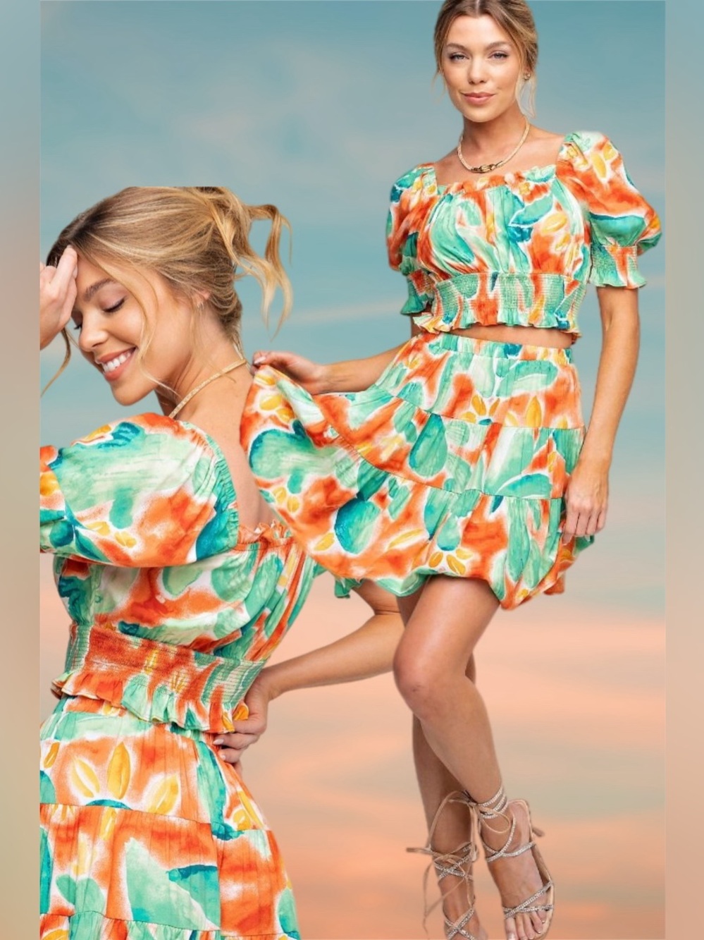Easel Whimsical Citrus Watercolor Artsy Smocked Crop Top Orange Green New Large